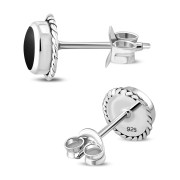 Black Onyx Round Stud Silver Earrings - e369